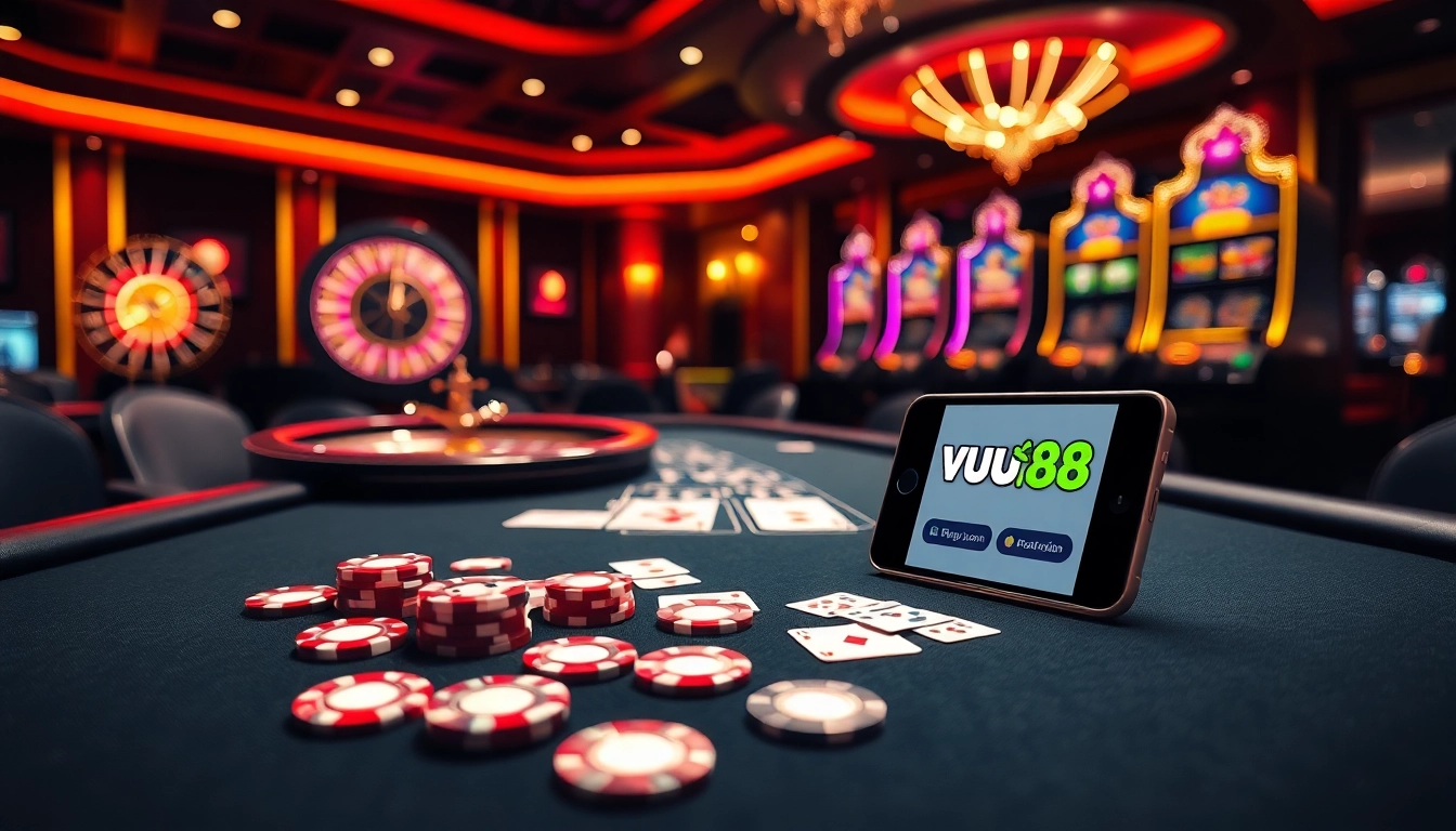 Experience thrilling gaming at vu88.com with vibrant poker chips and high-stakes cards.