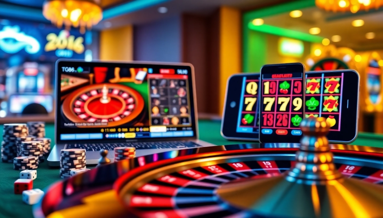 Engaging online casino gameplay featuring tg88.com with dynamic roulette wheel, poker chips, and slot machines