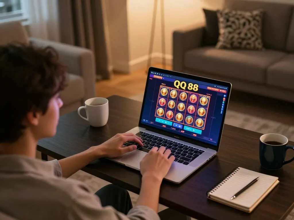 Engaging in QQ 88 online gaming with laptop at stylish home setup, combining comfort and excitement.