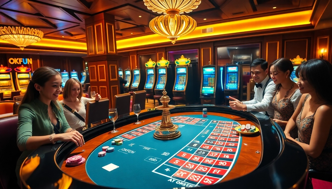 Experience the excitement of gambling with OKFUN at a luxurious casino atmosphere featuring roulette.