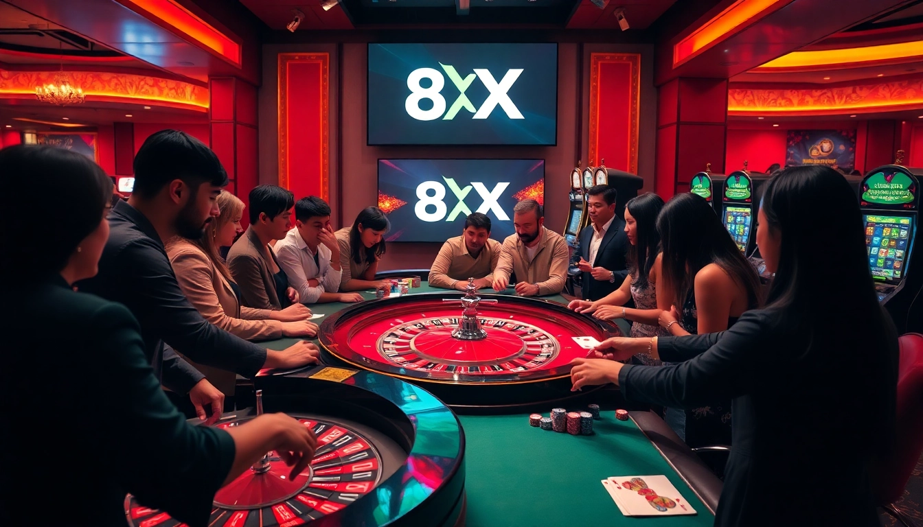 Gamblers enjoying various games at a luxurious casino featuring 8XX branding.