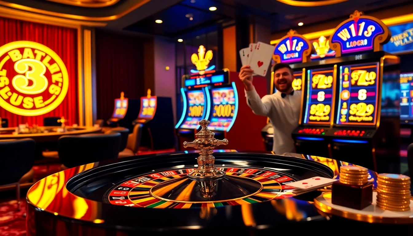 Experience the excitement of lc88 golden with vibrant casino visuals filled with roulette wheels and poker chips.