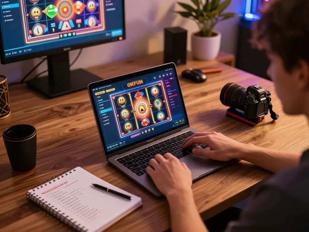 Engaging with okfun gaming app on a stylish laptop at a cozy home setup