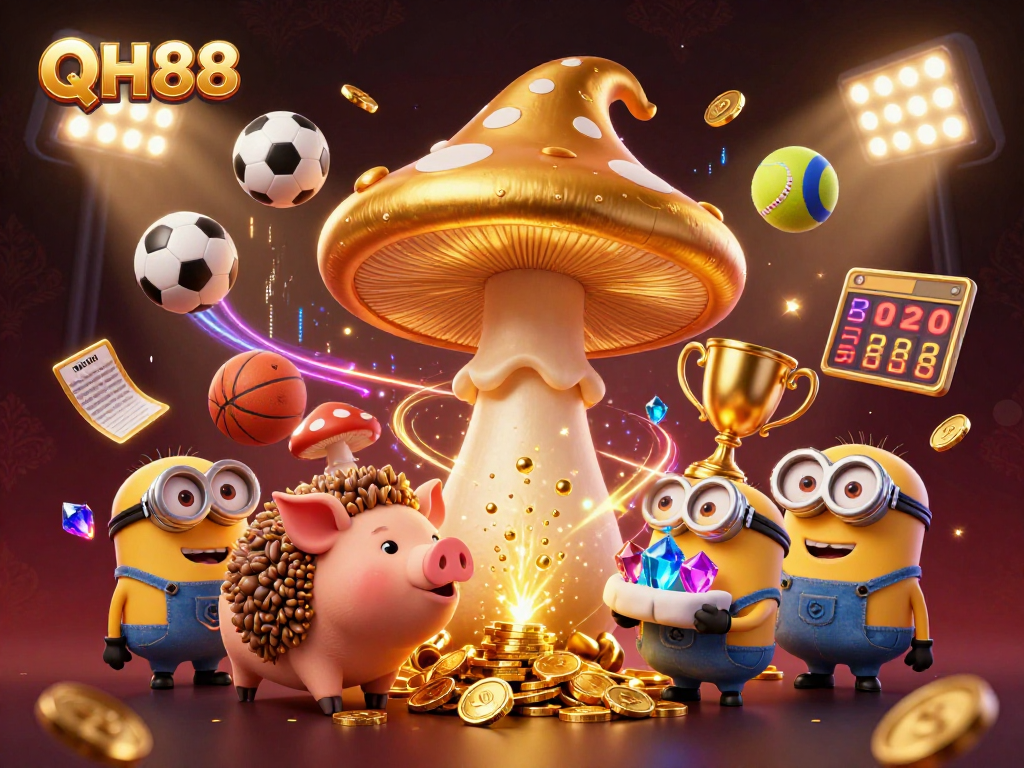 Experience QH88 sports betting magic with a golden wizard and dynamic gameplay elements in this vibrant 3D scene.