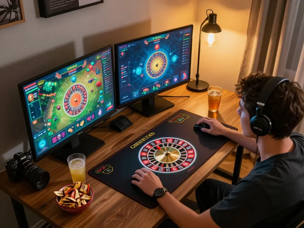 Engaging online roulette session at home, featuring pucuk138 gameplay on multiple screens.