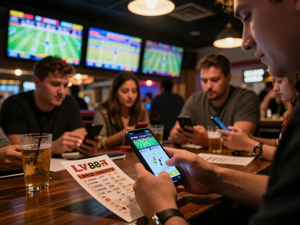 Excited sports bettors placing wagers on LV88 app during live events in a vibrant bar.