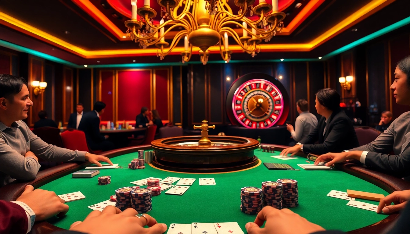Players engaging in high-stakes poker at GO88 casino table in a luxurious setting.