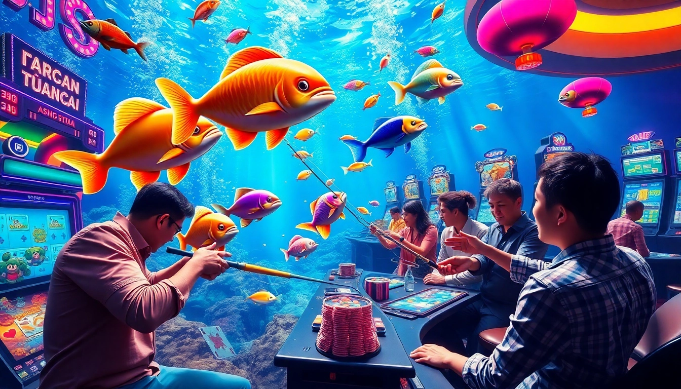 Players enjoying Bắn cá Sunwin, experiencing excitement and strategy in a vibrant casino scene.