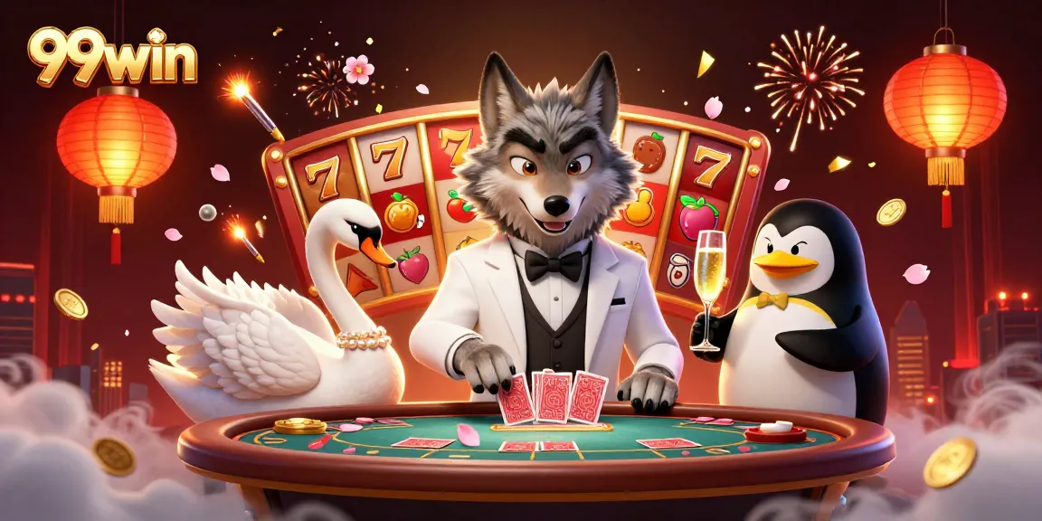 Experience thrilling 99win rewards while playing slots with vibrant characters in a dynamic casino scene.
