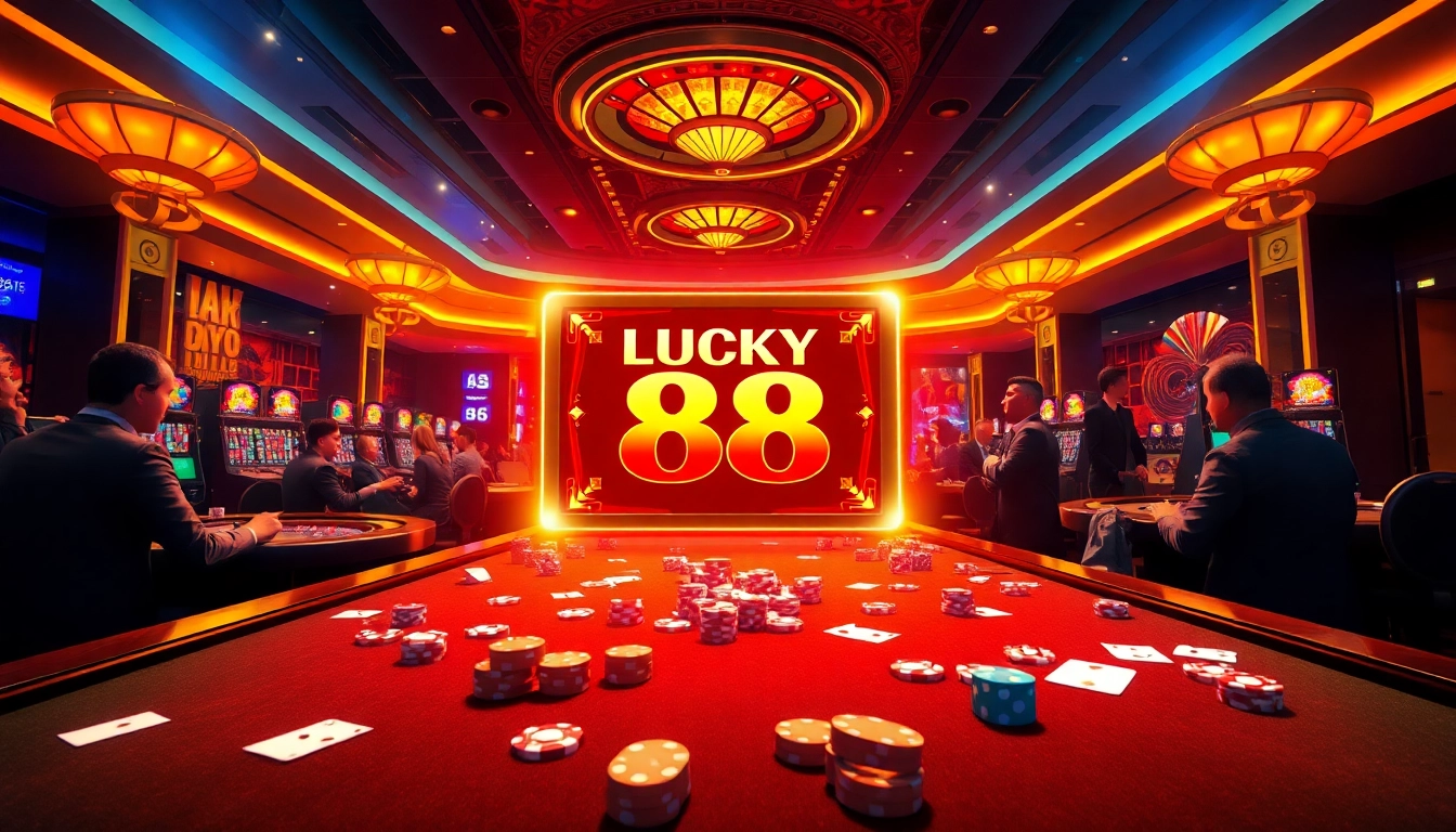 Players enjoying the LUCKY 88 slot game in a vibrant casino atmosphere filled with classic gaming elements.
