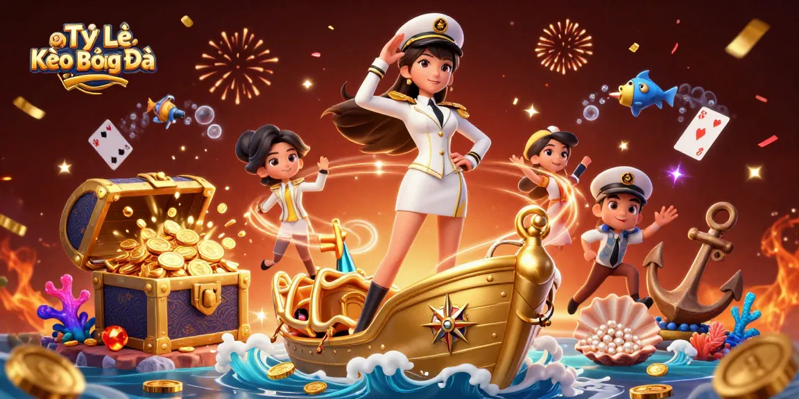 Tỷ Lệ Kèo Bóng Đá showcases an elegant Asian naval officer on a treasure-filled ship bow, amidst dynamic casino elements.