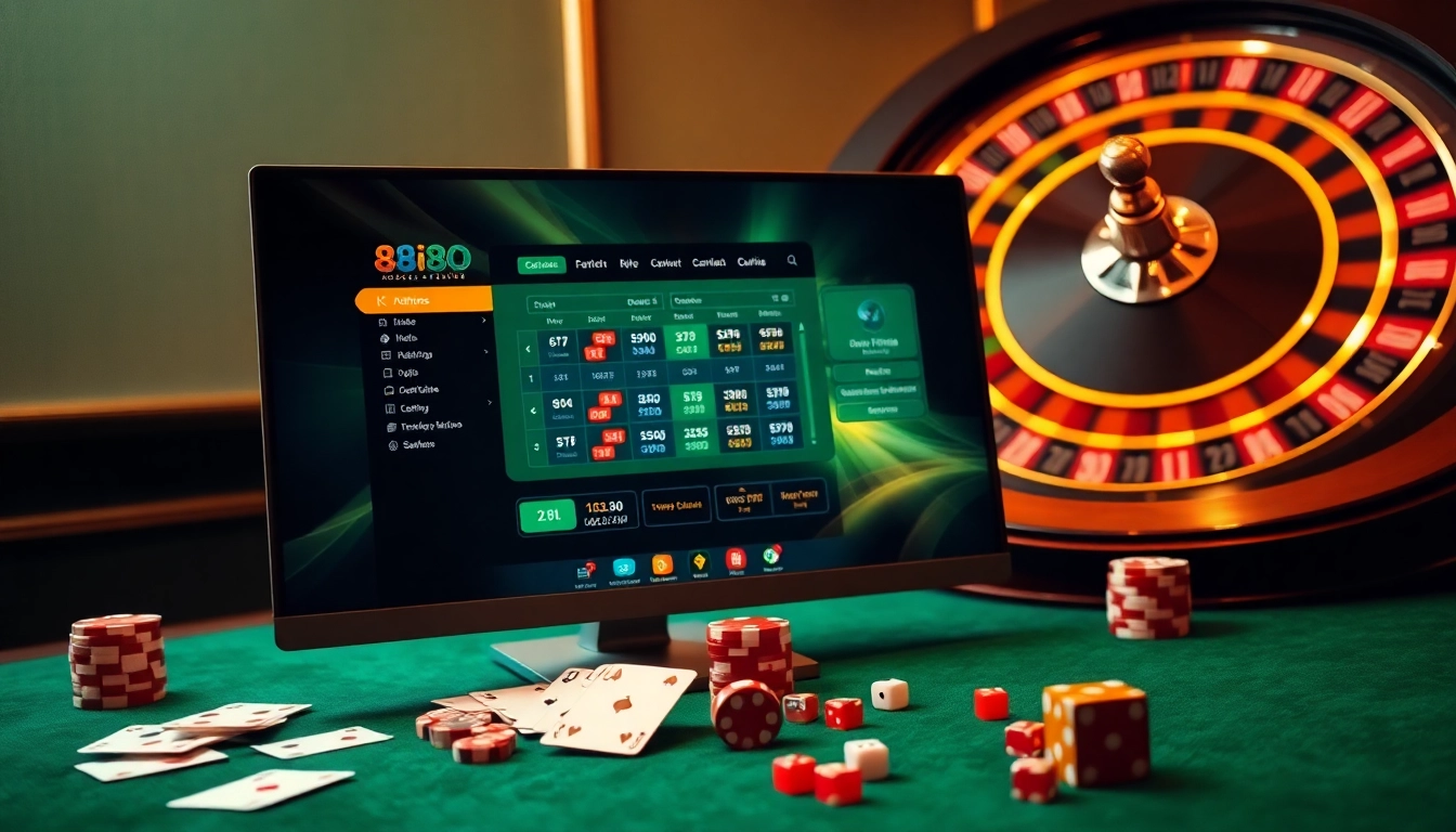 Experience online gaming excitement at 88ii88.com with poker chips, cards, and a roulette wheel.