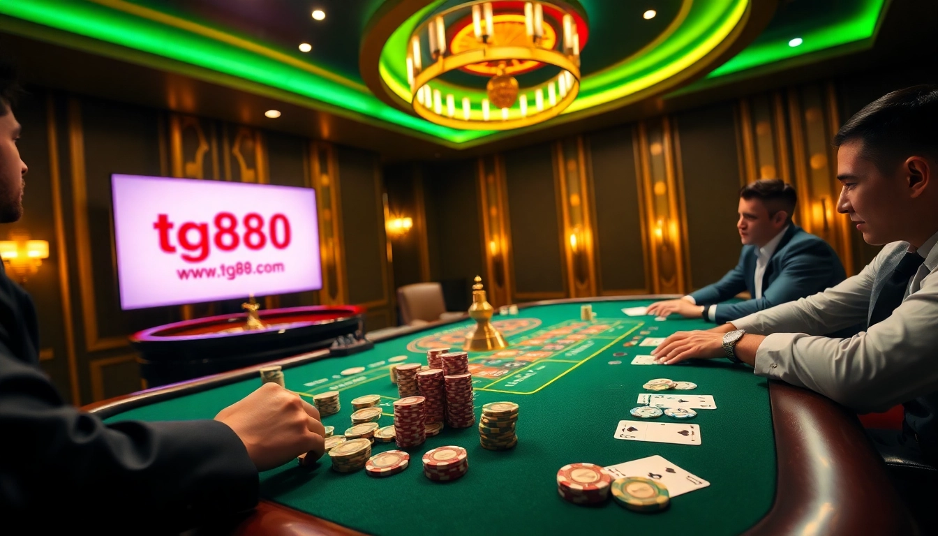 Engaging poker scene featuring tg88.com on a screen with vibrant casino elements.