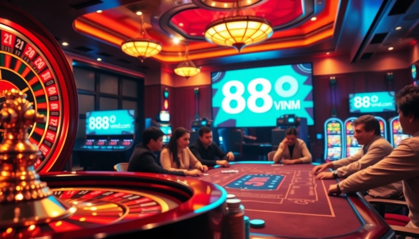 Engaging casino scene featuring 888vnd.com with poker chips and table action.