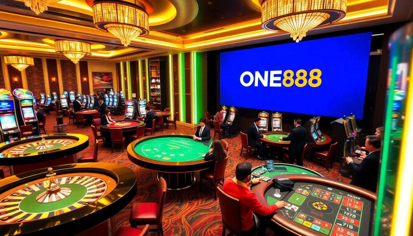 ONE88 gaming excitement showcased in a vibrant casino atmosphere with tables and slot machines.