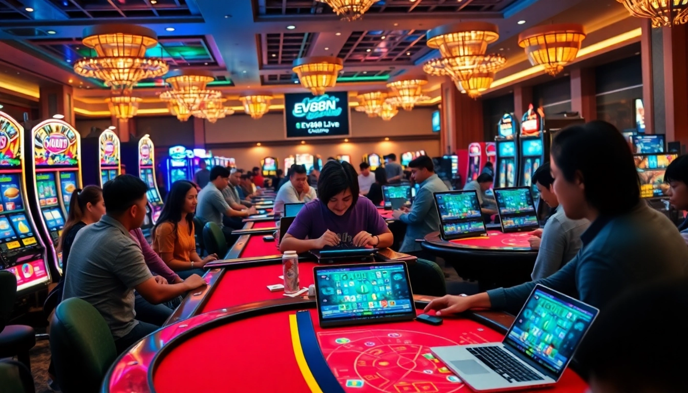 Online casino experience at ev88win.live with vibrant game tables and excited players