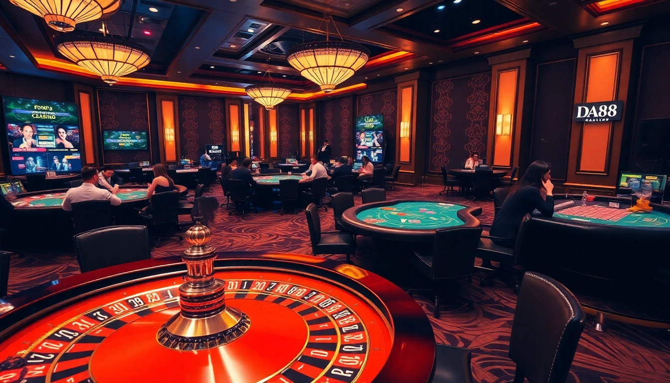 Experience thrilling gameplay with DA88 in a luxurious casino setting, highlighting poker tables and roulette wheels.