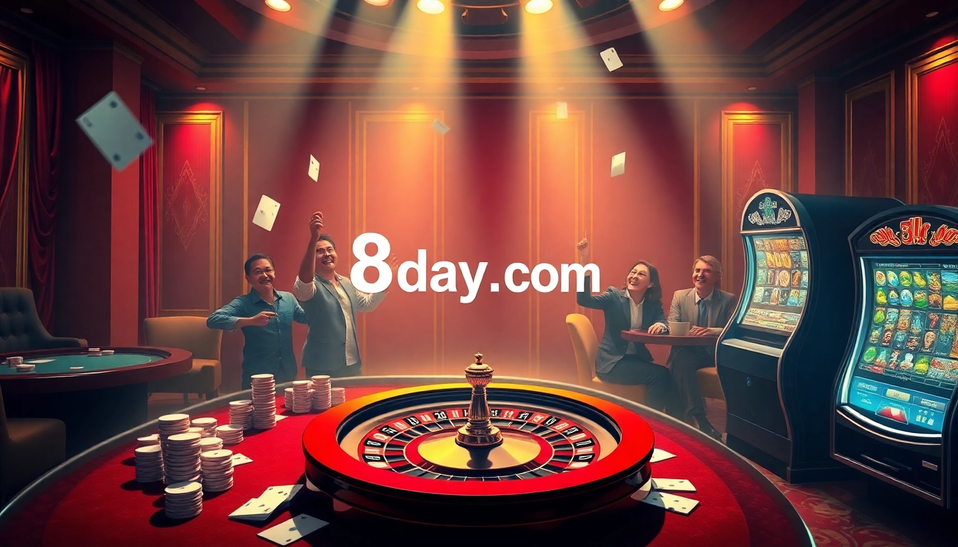 Experience a thrilling online gambling atmosphere at 8day.cn.com with poker chips and a roulette wheel.