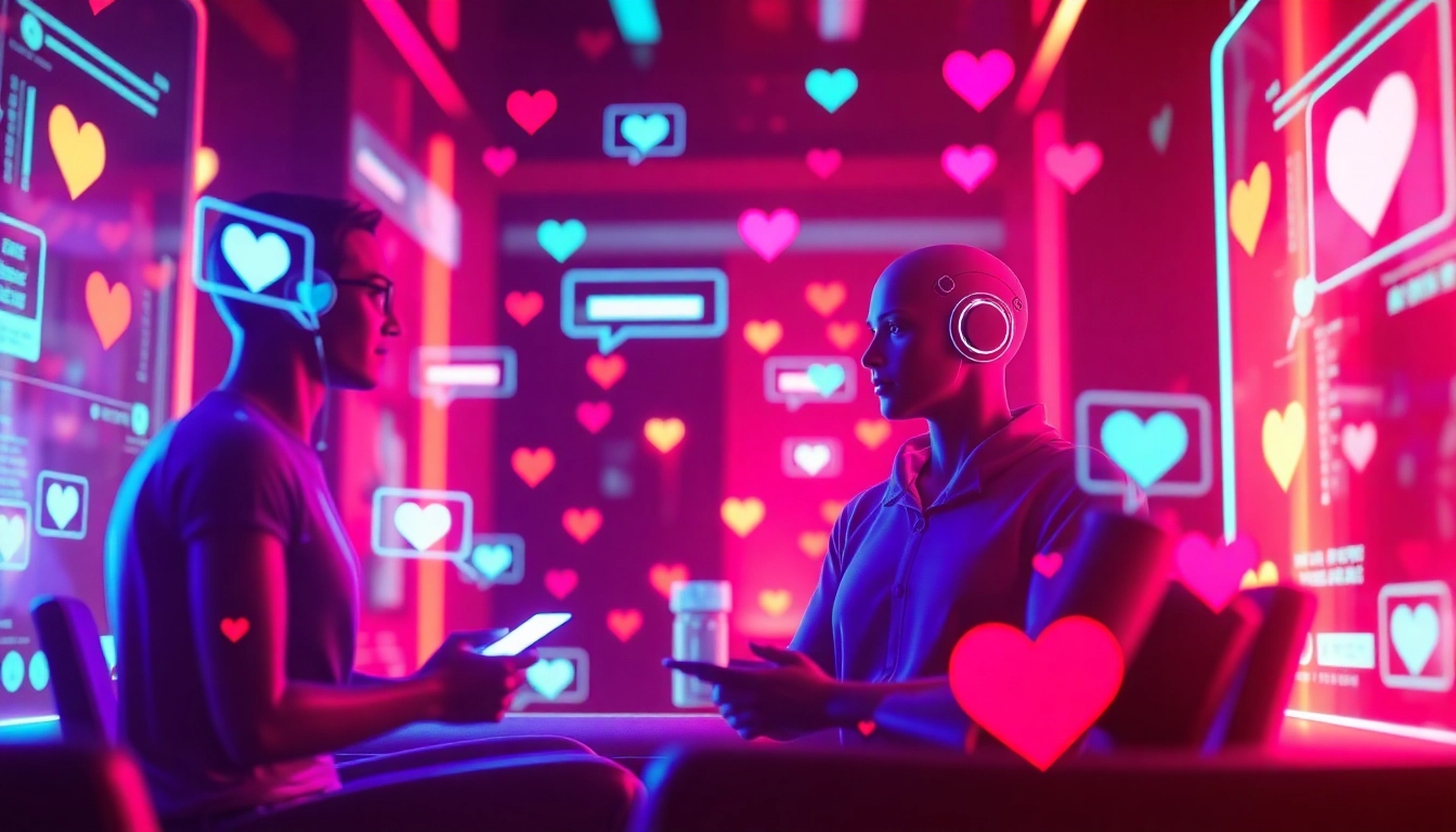 Engaging visual of AI avatars in a vibrant digital chat environment representing sex chat AI interactions.
