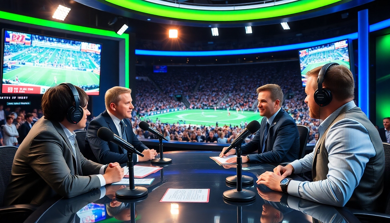 Engaging scene of Sports Broadcasting hosts discussing live sports with dynamic visuals.