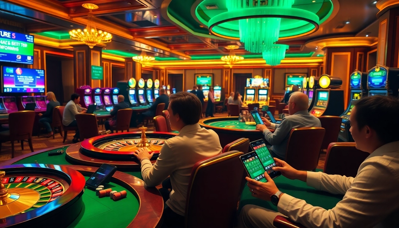 Players engaged in thrilling online gambling at https://uk88.za.com/, surrounded by casino tables and vibrant gaming elements.