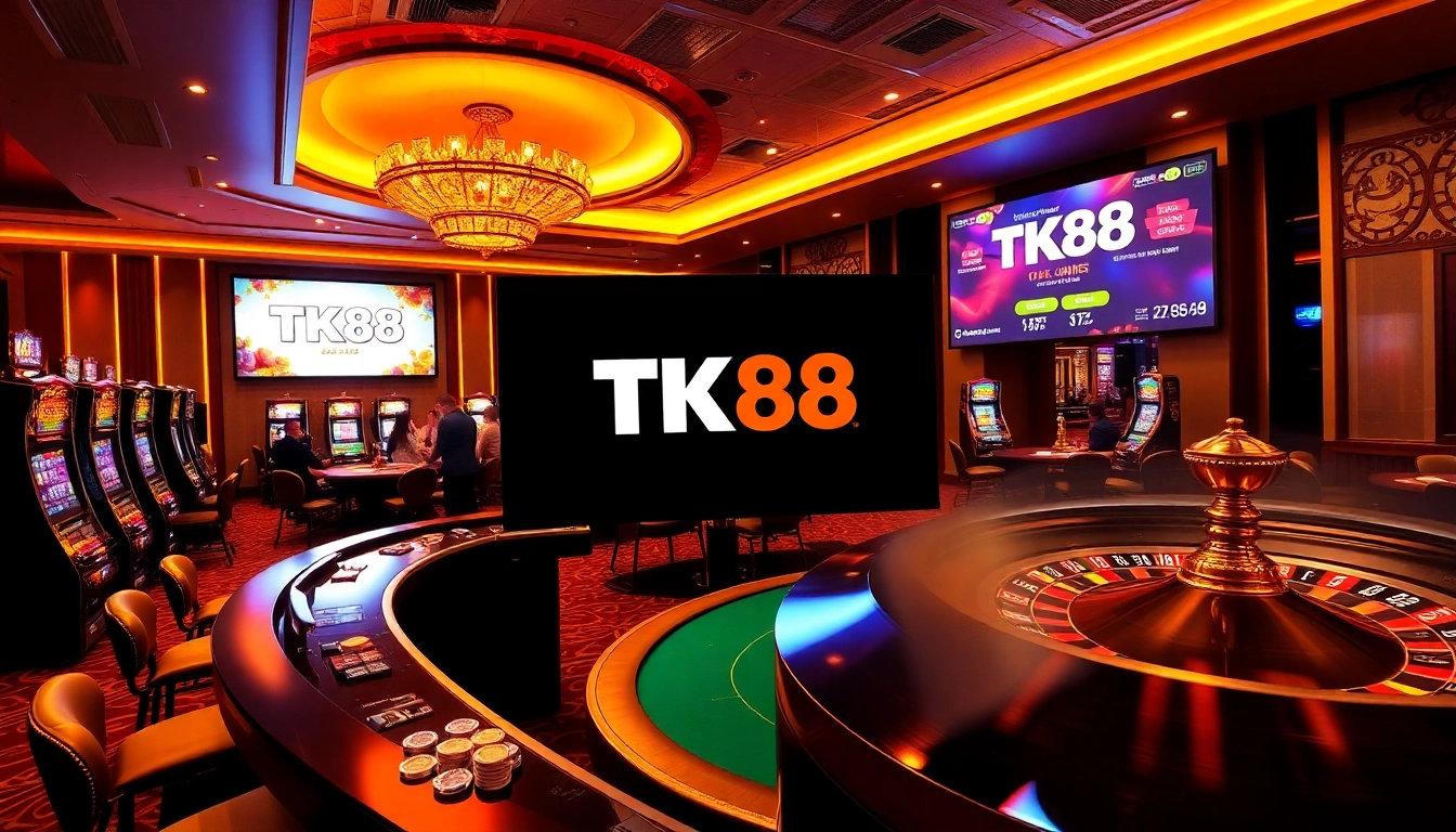 Gamblers enjoying high-stakes poker at TK88 Casino, surrounded by vibrant slot machines.
