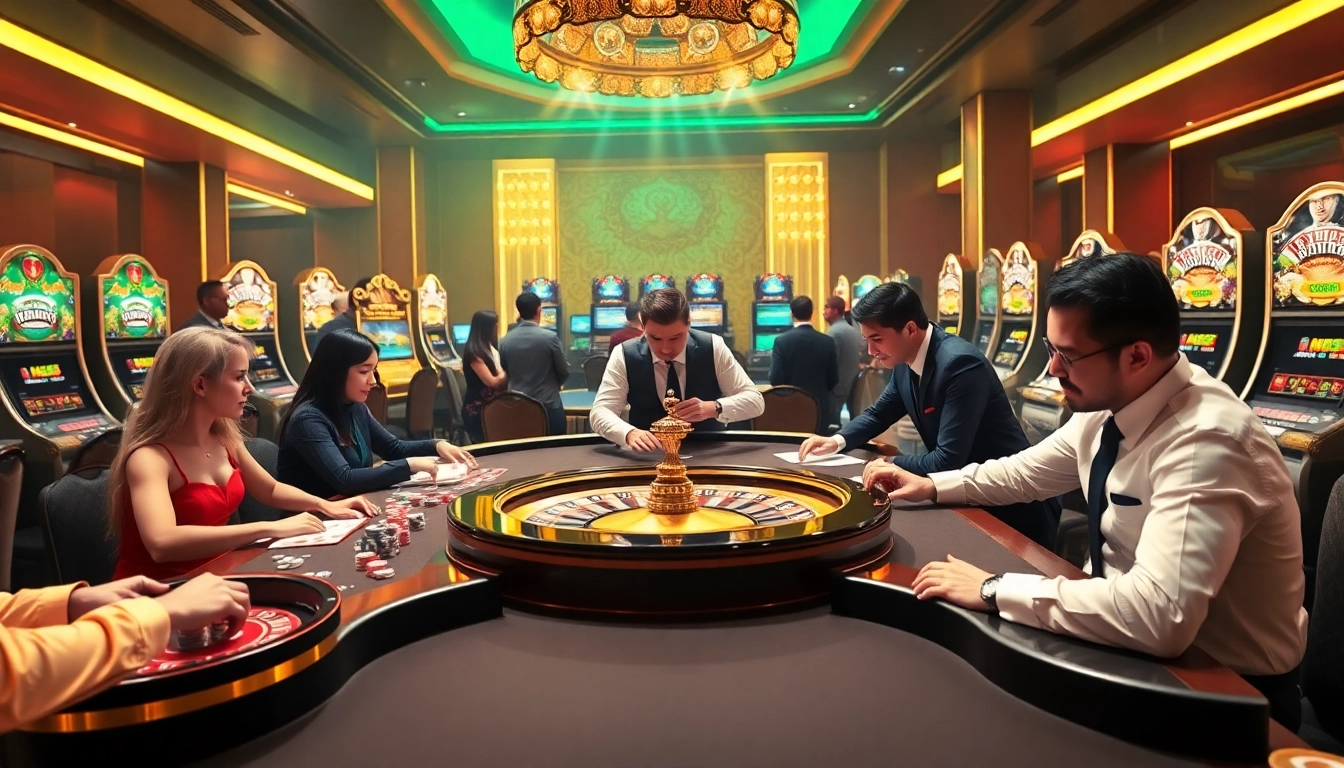 Players engaging at a table with professional dealers in a luxurious scene, promoting nhà cái max88.