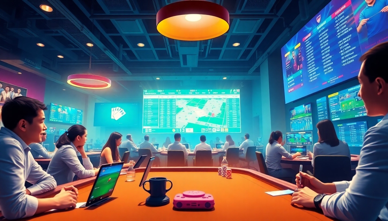 Dynamic scene of online gaming at sbobet.dance featuring engaged players in poker and sports betting.